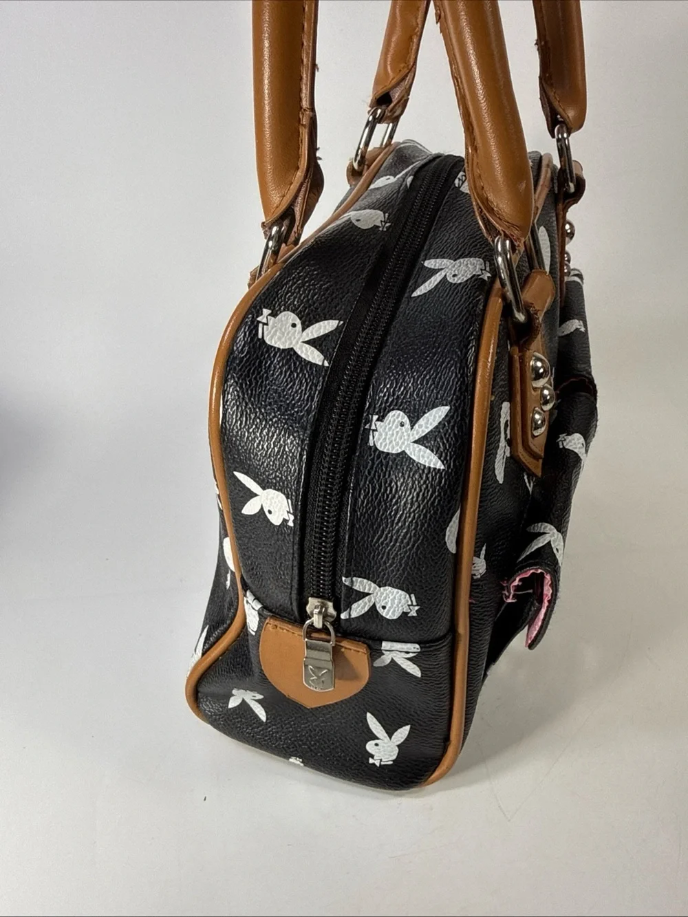 Vtg y2k Playboy Black and Tan Printed Satchel Bag pink interior - Picture 7 of 16